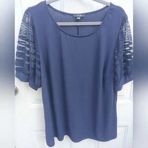 A.U.W Women's Navy Blue navy blue blouse with sheer, patterned sleeves Size 3X
